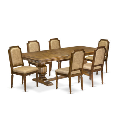 7-piece Dining Table Set includes a Modern Dining Table and 6 Beige PU Leather Kitchen Chairs with High Back-Antique Walnut Finish