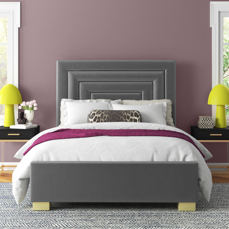 Nora Upholstered Low Profile Platform Bed, King, Grey Velvet