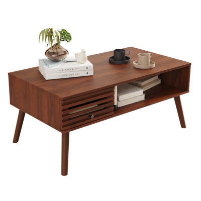 Coffee Table, Mid Century Modern Table With Storage, Living Room Center Table With Slatted Panel Drawer, Fluted Wood Coffee Table With Open Shelf For Living Room, Walnut