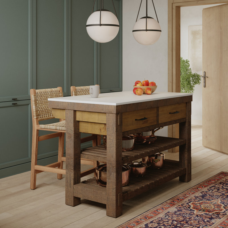 Bromley 54" Kitchen Island  White Quartz Countertop, Brown / Pure White