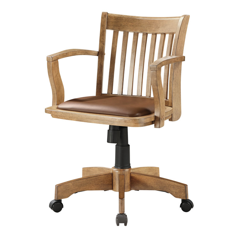 Deluxe Fruitwood Finish Wood Banker's Desk Chair with Brown Vinyl Seat