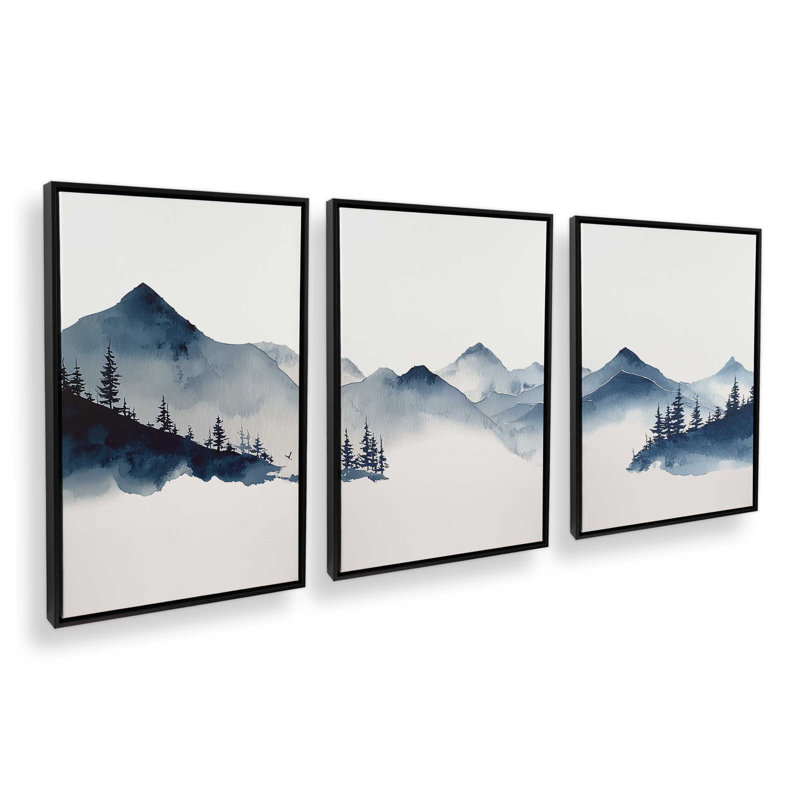 Ensemble de 3 impressions Misty Indigo Peaks, 48 po x 32 po, Cadre flottant noir satiné
