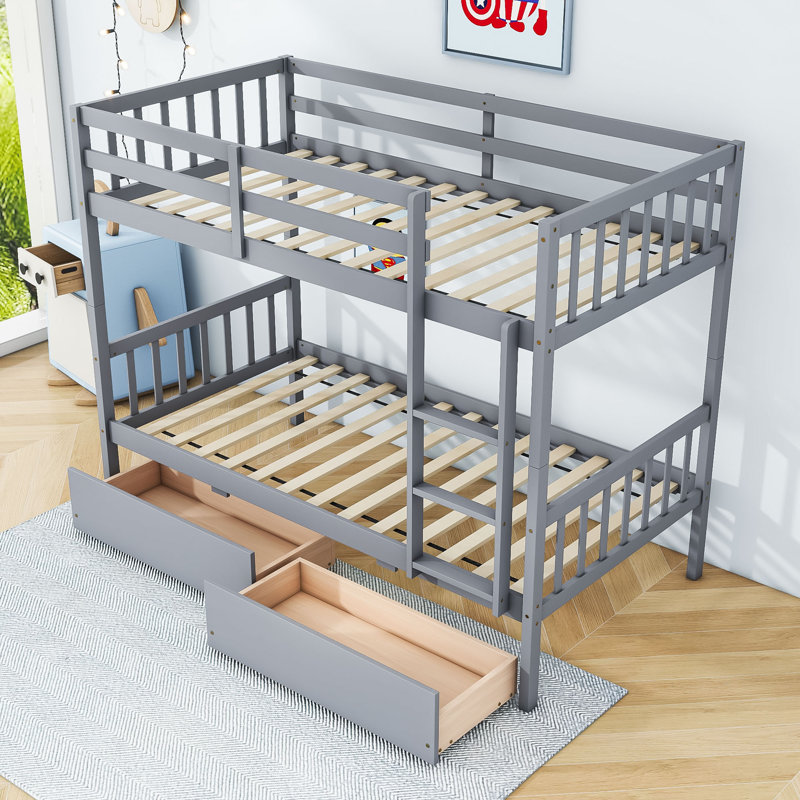 Lit superposé en bois avec 2 tiroirs, gris, Simple sur simple