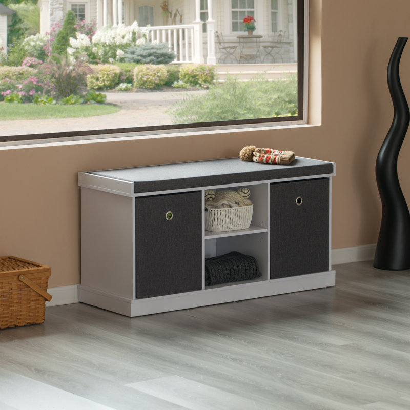 Quincy MDF Storage Box Shoe Bench with 2 Shelves, Foldable Baskets and a Gray Cushion, White