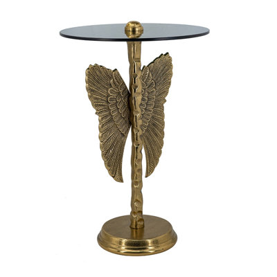 Table d'appoint à oreilles 15,5 x 24 po avec plateau en verre et base en métal avec piédestal sculptural, art déco glamour