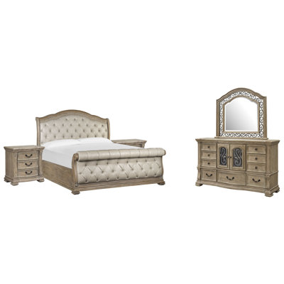 Grand lit-bateau tapissier 2 tables de chevet et commode avec miroir