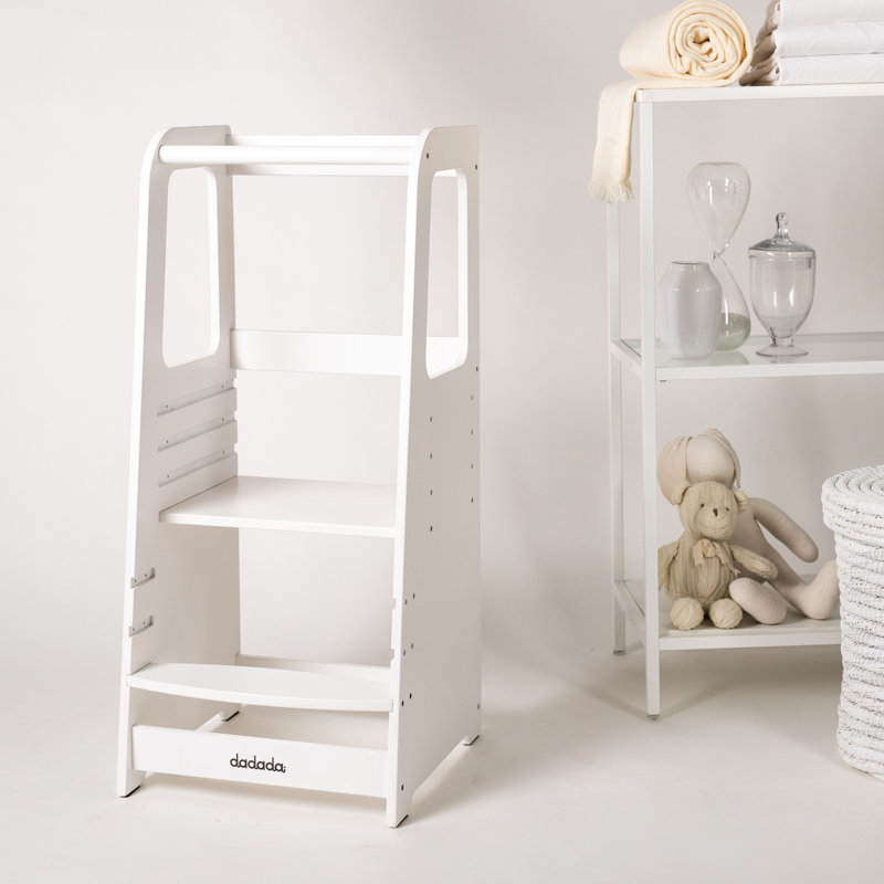 dadada Montessori Toddler Tower - Adjustable Kitchen Step Stool w/ Safety Rail - Baby Safe (White), White