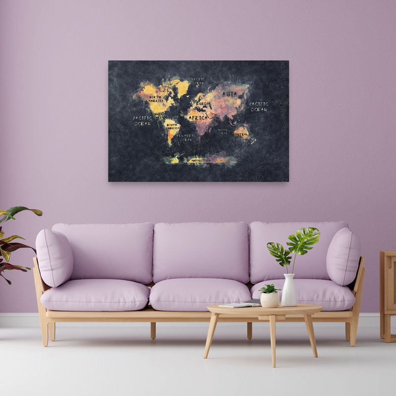 Carte du monde, art mural contemporain, H 40 po x l 60 po, Blue/Pink/Yellow
