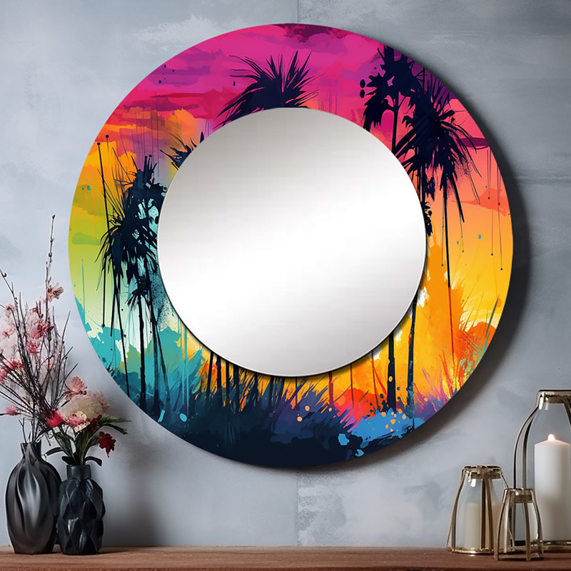 Phillina Vibrant Palm Trees III - miroir mural décoratif de plage, grand miroir rond moderne, impression d'art en métal