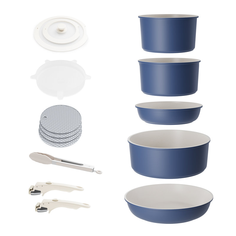 Batterie de cuisine antiadhésive à 12 poignées détachables, Bleu