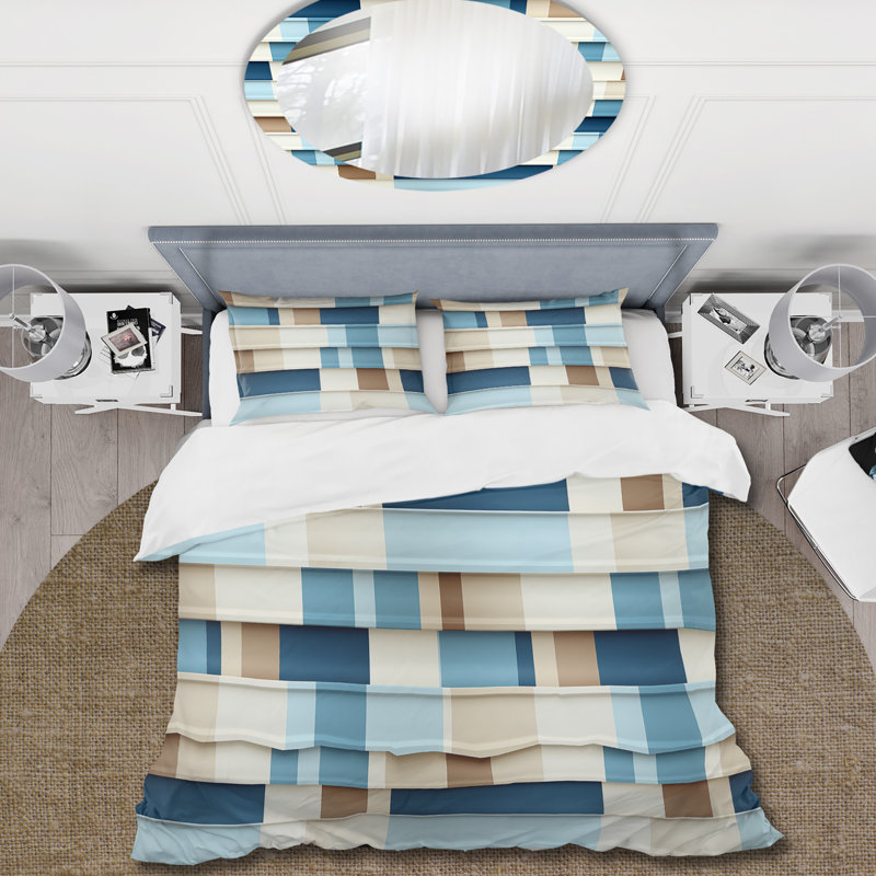 Literie à rayures blanches et bleues, Housse de couette pour grand lit et 2 taies décor