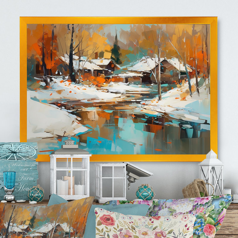 «Rumjka Bloud Snow Covered Cabin», reproduction sur toile, H 12 po x l 20 po x P 1 po, Encadrement doré