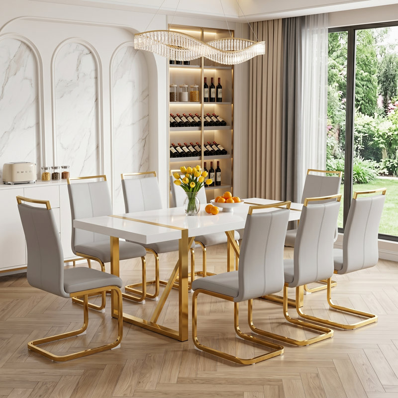 9-piece Modern 71" Wood Dining Set with Geometric Metal Base and Cantilever Chairs, Light Gray/Gold, 9