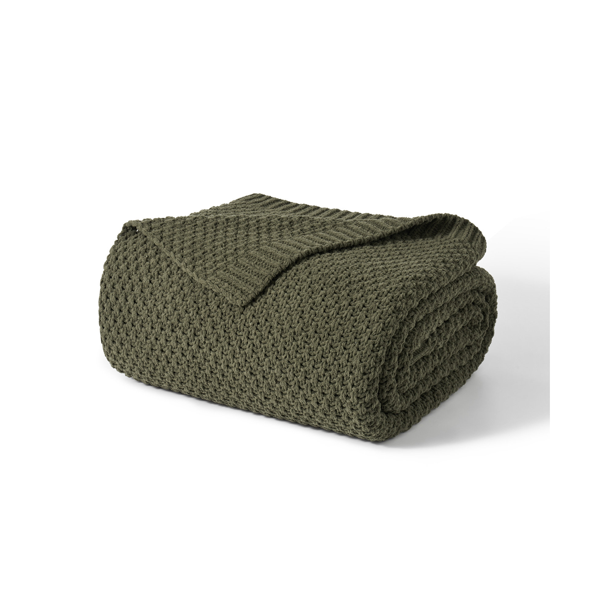 Chunky Chenille Knit Throw Blanket, 90" L x 90" W, Olive Green