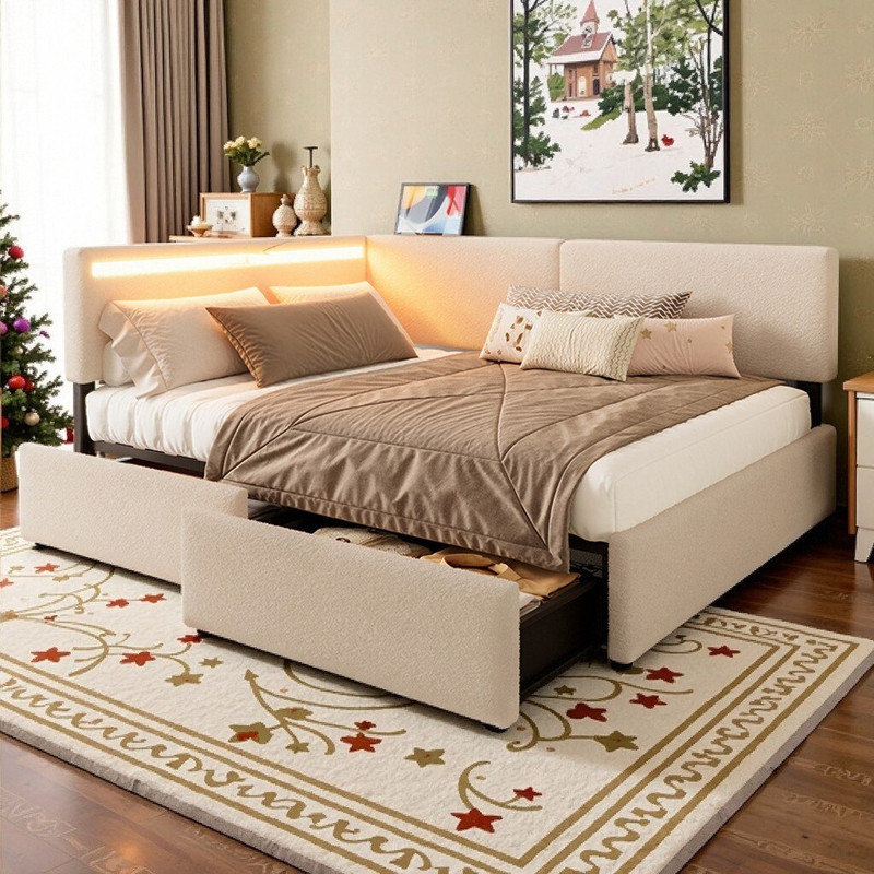 Dormal Twin Size Upholstered Bed Frame With Storage Drawers, LED Lighting, USB Charging, Solid Wood Support, Twin