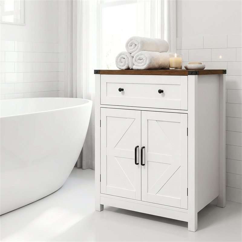 White & Wood-Grain Farmhouse Barn-Door Storage Cabinet，Coffee Bar Sideboard with Drawer for Kitchen & Living Room, White/Oak