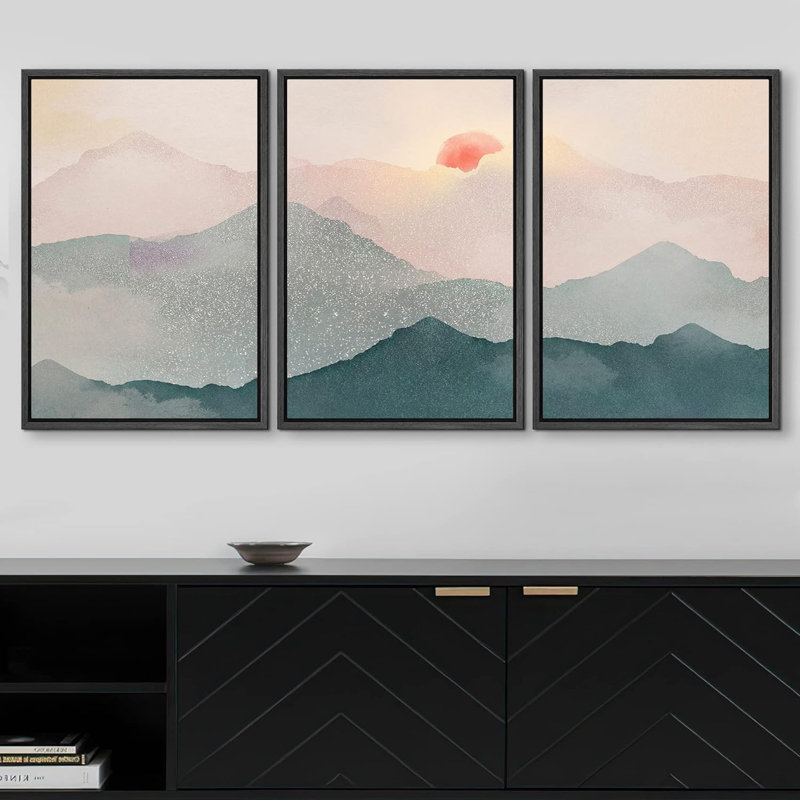 Abstrait paysage pastel bleu sarcelle matin rose montagne nature moderne Art déco paysage zen sur toile 3 pièces
