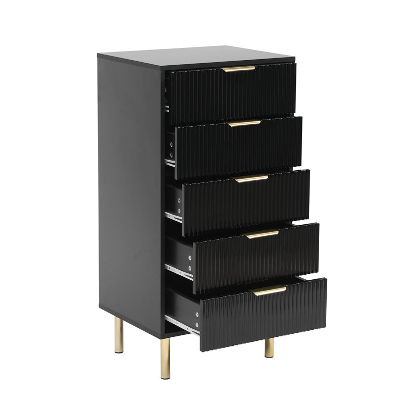 Ailean Ribbed 5 Drawer Tallboy Chest of Drawers – White or Black Gloss Fluted Fronts with Gold Legs & Handles (50cm Wide)