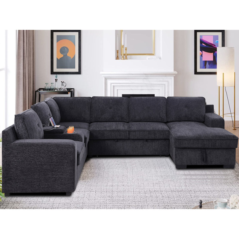 Canapé-lit modulaire en forme de U avec lit escamotable en U 120 po Chenille Suqare, Chenille grise foncée