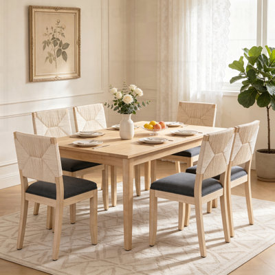 Ensemble de 2 chaises de salle à manger French Country, chaises de cuisine et de salle à manger de style ferme beige, chaise de salle à manger en bois Boho avec dossier tissé et assise revêtue de lin, structure en bois massif
