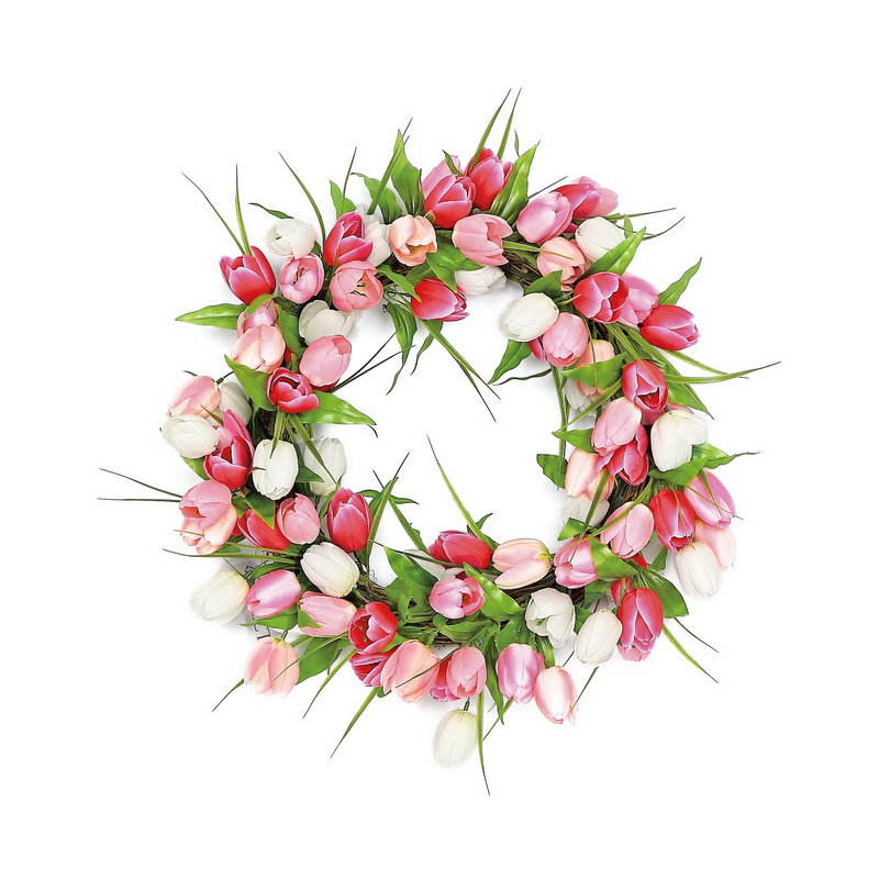 Couronne luxueuse en polysilk fleur de tulipe, Pêche, H 24 po x l 24 po x P 6 po