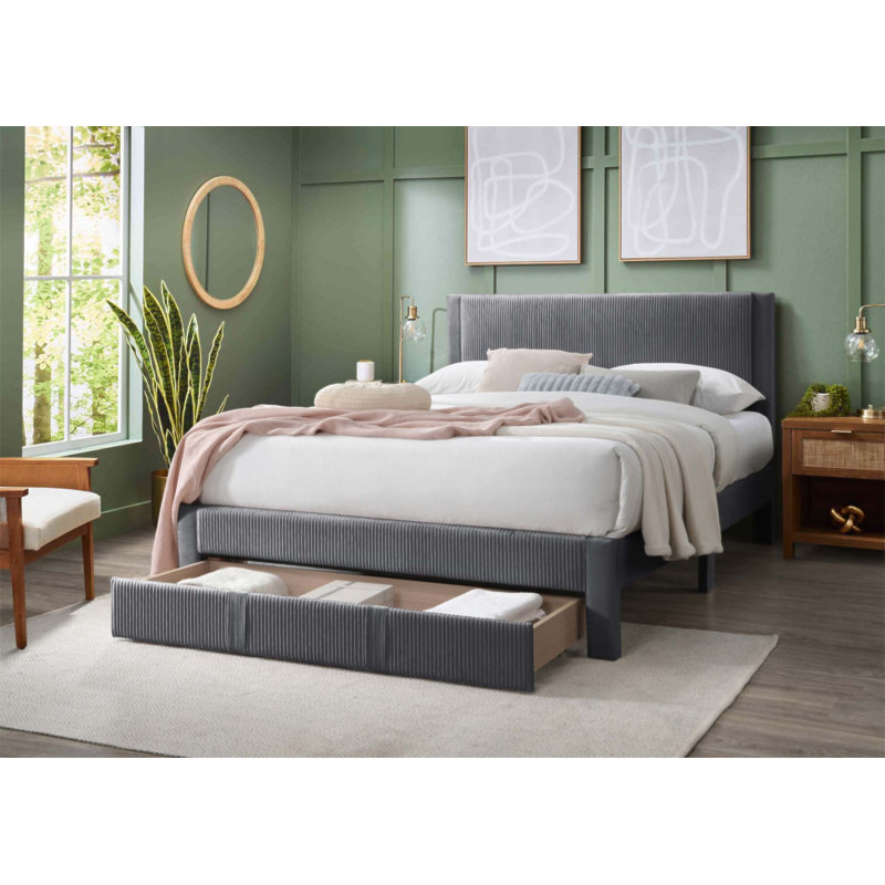 Grand lit tapissier contemporain en velours côtelé avec tiroir de rangement sous le lit, parfait pour les chambres modernes et élégantes