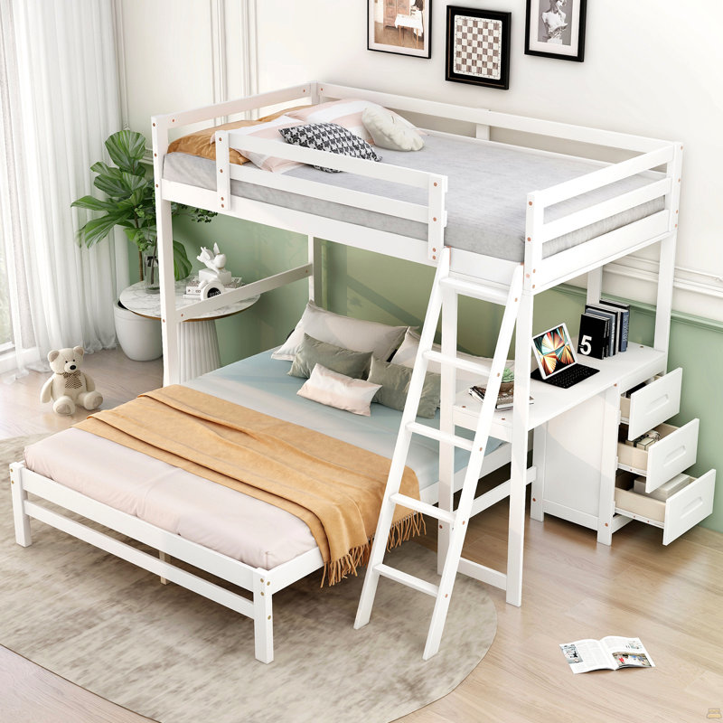 Lit superposé simple au dessus d'un lit double avec bureau intégré et trois tiroirs