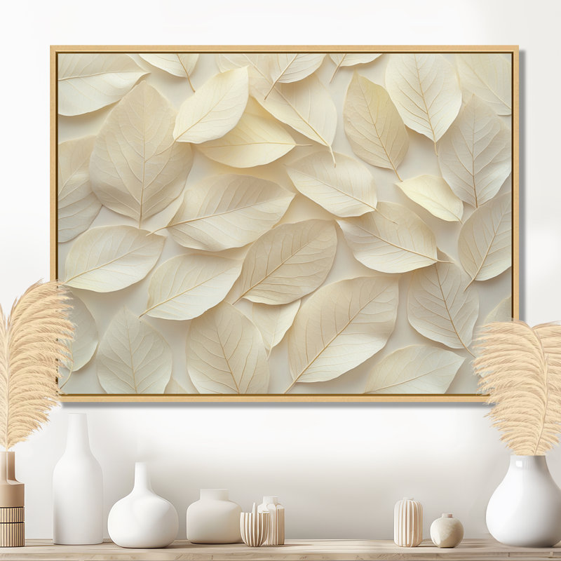 Ivoire, feuilles, collage, feuillage IV - art mural feuilles, H 24 po x l 32 po, Impression encadrée flottante, Crème, crème
