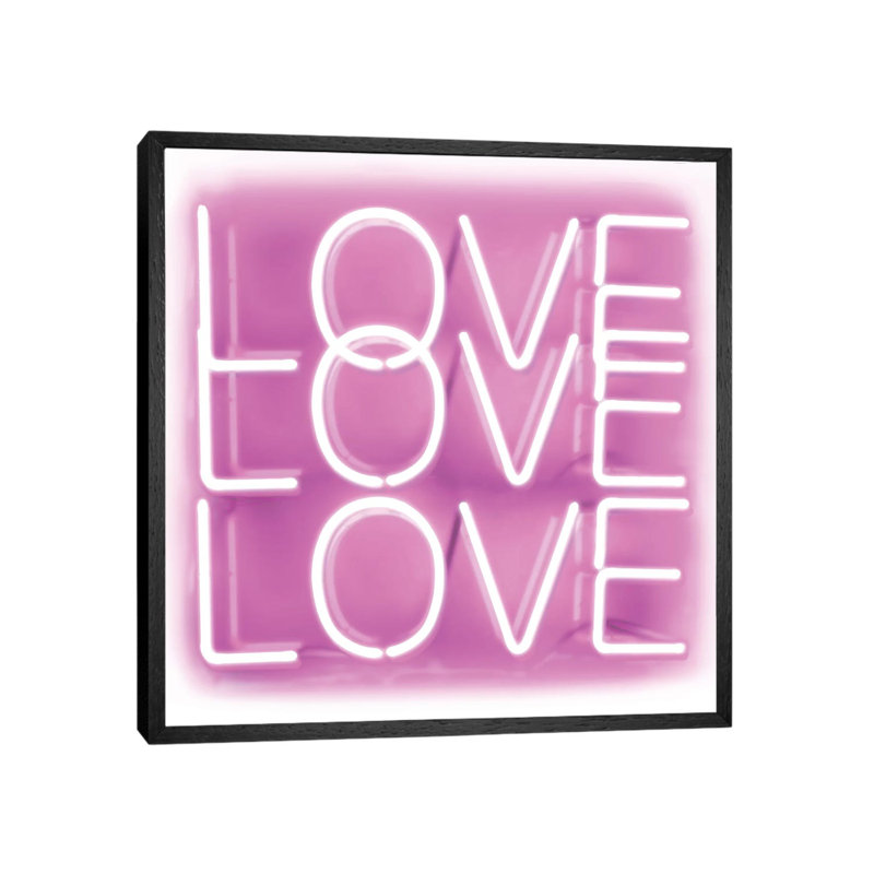 Neon Love Love Love Pink On White by Hailey Carr - Print on Canvas, 66.04 cm H x 66.04 cm W, Black Framed