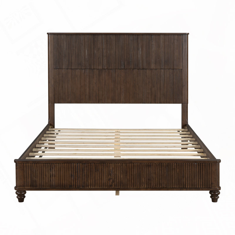 Solid Wood Bed Frame with Tall Headboard, Walnut, Queen
