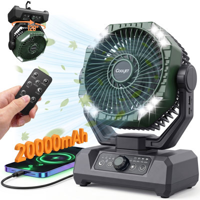 Ventilateur de camping 20 000 mAh avec lumière, ventilateur portatif d'extérieur à batterie avec oscillation à 120°, télécommande, minuterie et batterie externe USB, ventilateur de tente rechargeable et silencieux pour le camping, les voyages, la randonnée, la pêche, les pique-niques et le bureau à la maison.