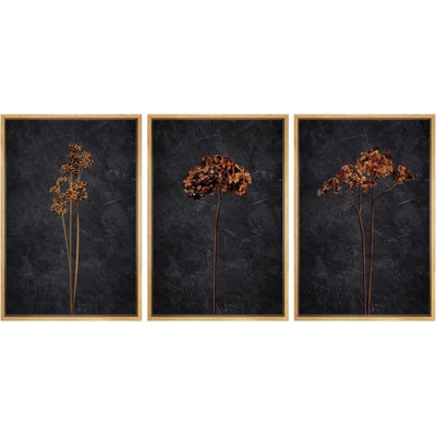 «Grunge Moody Flower Minimalist Floral and Botanical», ensemble de 3 toiles encadrées
