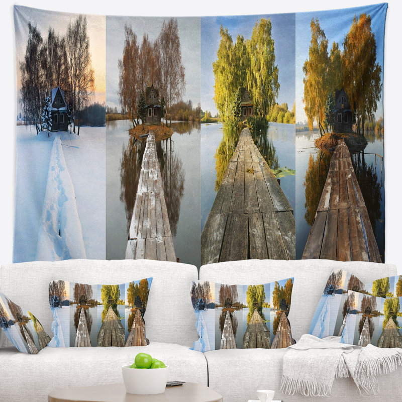 Tapisserie panoramique de maisons de paysage marin sur une petite île, H 68 po x l 80 po