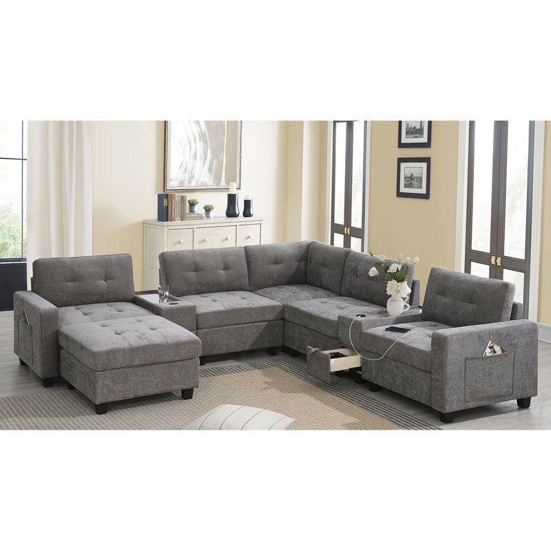 104" Chenille Tufted Upholstered Sectional with a Movable Ottoman and 2 Multifunctional Consoles, Dark Gray