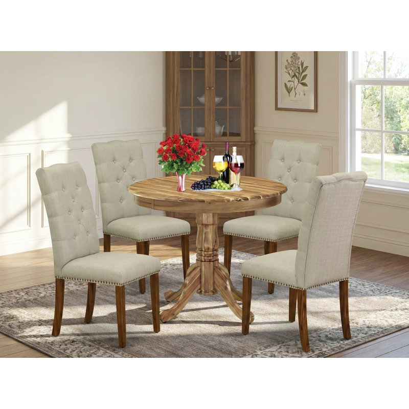 5 Piece Kitchen Table Set for 4 Includes a Round Dining Room Table with Pedestal and 4 Grey Linen Fabric Upholstered Parson Chairs, Natural