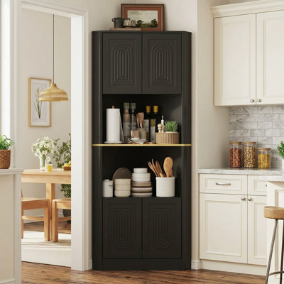 67" Tall Corner Storage Cabinet with Adjustable Shelves & Doors, Modern Farmhouse Black Freestanding Pantry