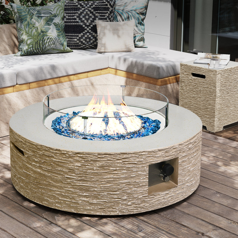  Foyer de table rond 42 pouces au gaz d'oxyde de magnésium, avec couvercle de réservoir et pare-vent, Beige