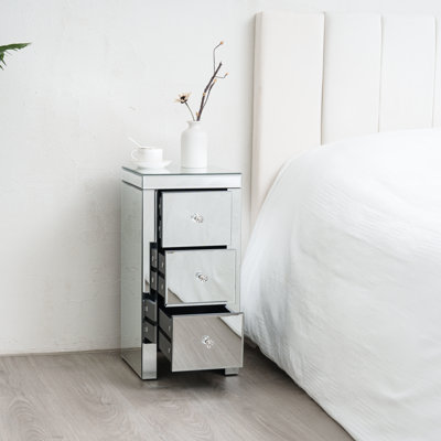 Small Mirrored  Bedside Table with 3 Drawers And Crystal Handles