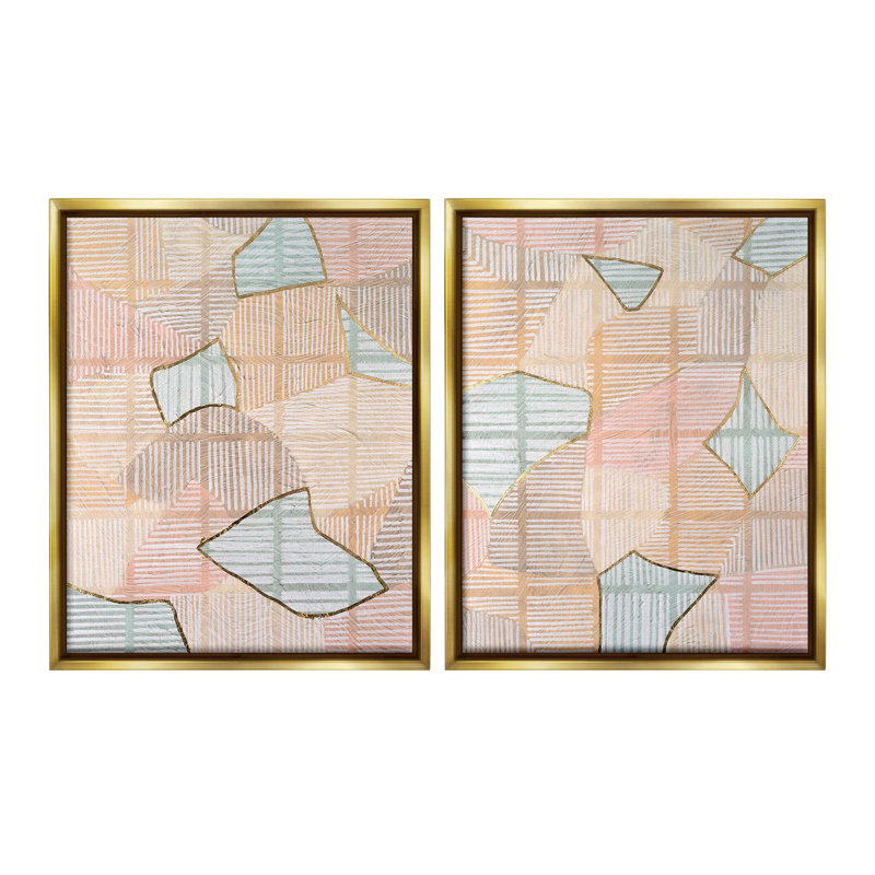 Ensemble de 2 toiles flottantes encadrées "Shapes on Stripes" par Vanna Lam, Cadre flottant métallique doré
