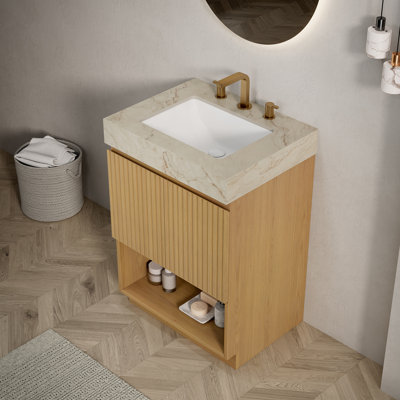Ensemble de meuble-lavabo simple autoportant 24 po avec plateau en pierre frittée Carrara et lavabo sous-comptoir en céramique