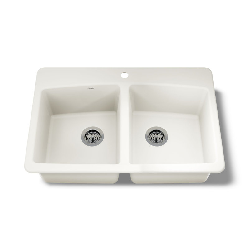 33" L x 22" W x 9-5/8" Top-Mount Double-Equal Kitchen Sink, Biscuit, 1 Hole
