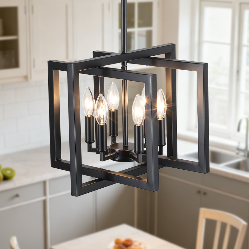 6-Light 15 in. Dimmable Modern Industrial Geometric Chandelier with Square Open Frame For Kitchen Island Living Room And Entryway  