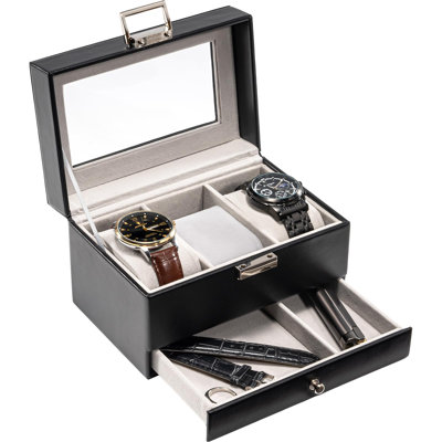 Watch Box Display Case with Glass Lid and Drawer, 3 Slots 2-Layer Jewelry Organizer Storage Holder, Holiday Christmas Gift