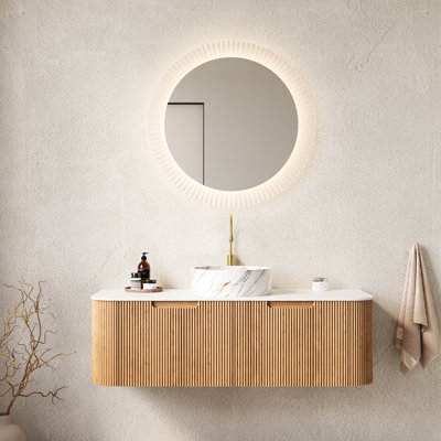 Meuble-lavabo 48 po avec lavabo rond en céramique blanc et motif pierre, rangement mural à 2 tiroirs rayé 3D, couleur bois naturel, armoire à tiroirs coulissants, fermeture en douceur