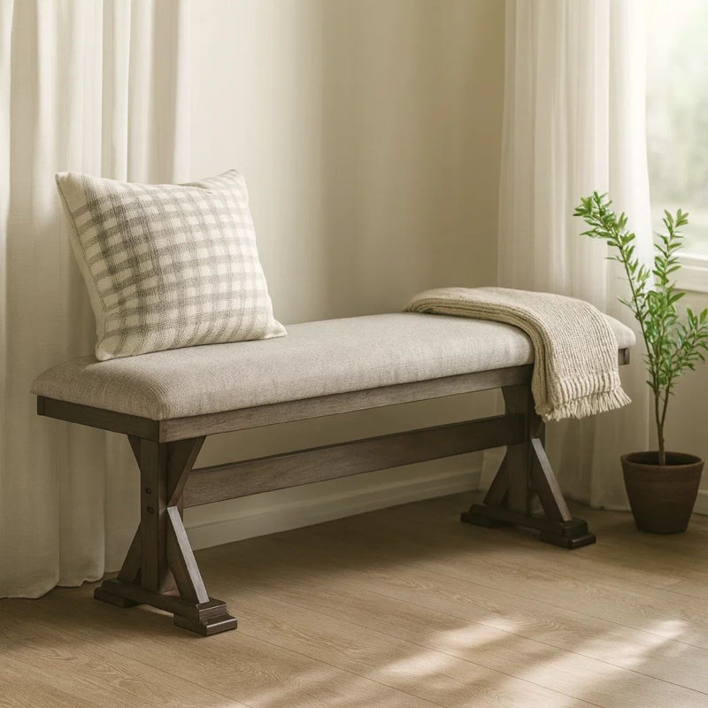 Omal Dining Bench, Brown Wood, 53 Inch Rectangular Gray Fabric Seat