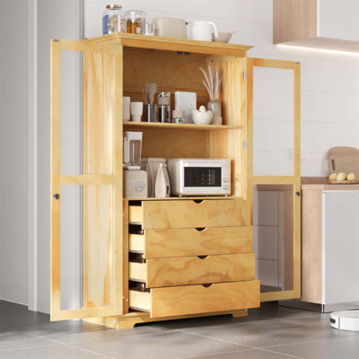 Spacious Freestanding Kitchen Pantry With Glass Doors And 4 Drawers, Durable Pine Wood Construction For Enhanced Storage And Display
