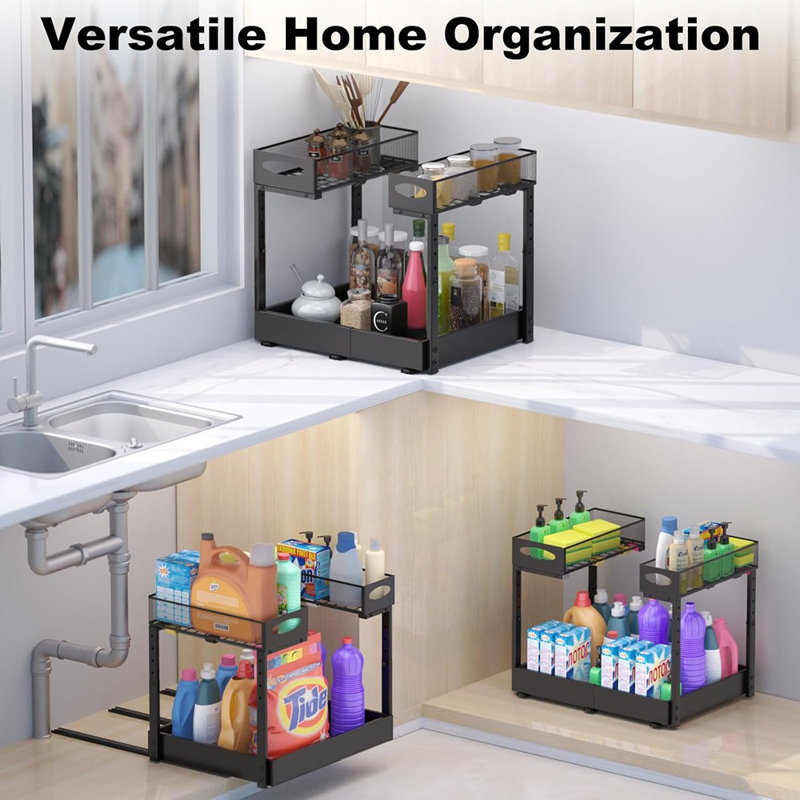 Rangement extensible sous l'évier à 2 niveaux - Support de rangement réglable en métal avec rails coulissants pour armoires de cuisine et de salle de bain