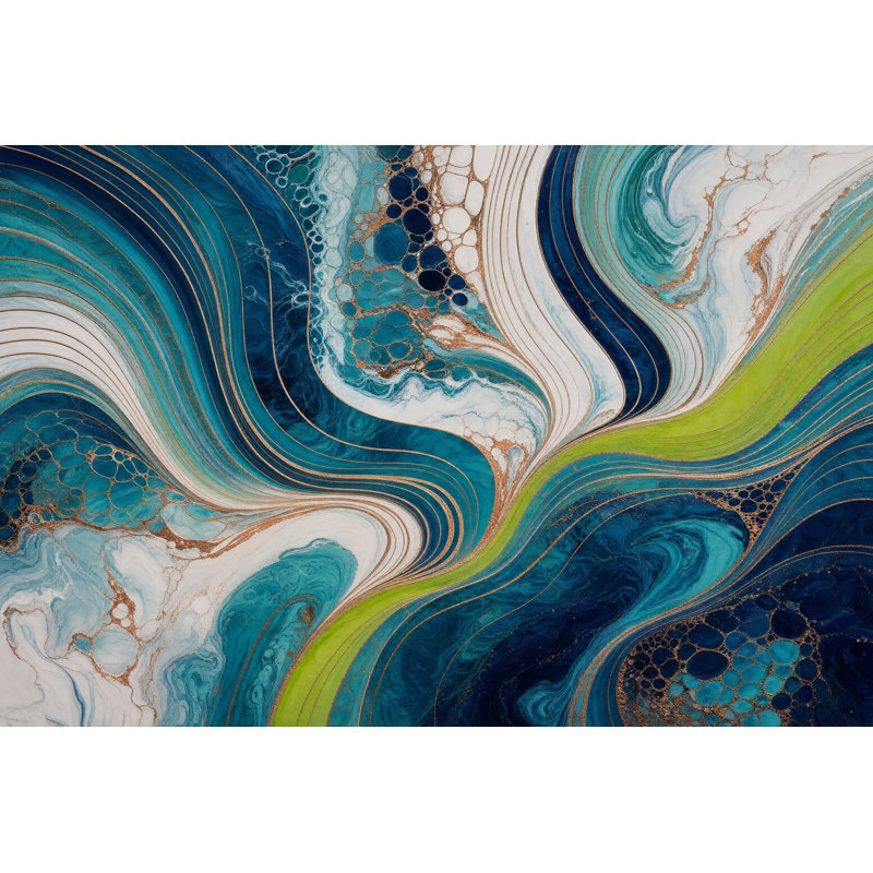 Abstrait marbré abstrait fluide vagues bleu sarcelle et bleu marine amovible, 140 po x 108 po, Peler et coller