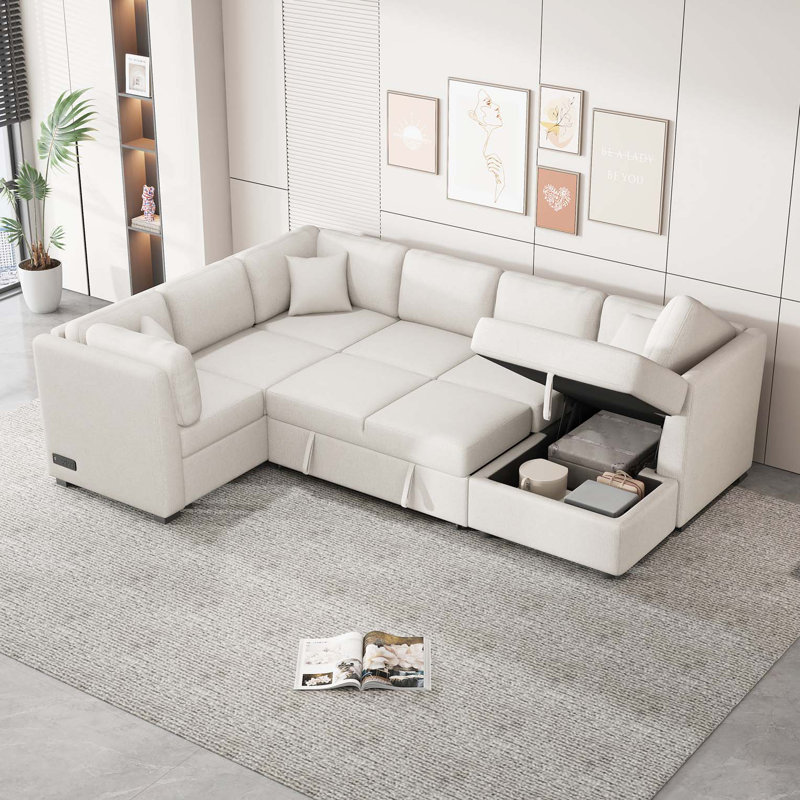 Canapé-lit modulaire en U de 108,6 po avec méridienne de rangement, 3 coussins de dossier, double prise USB et prises de courant