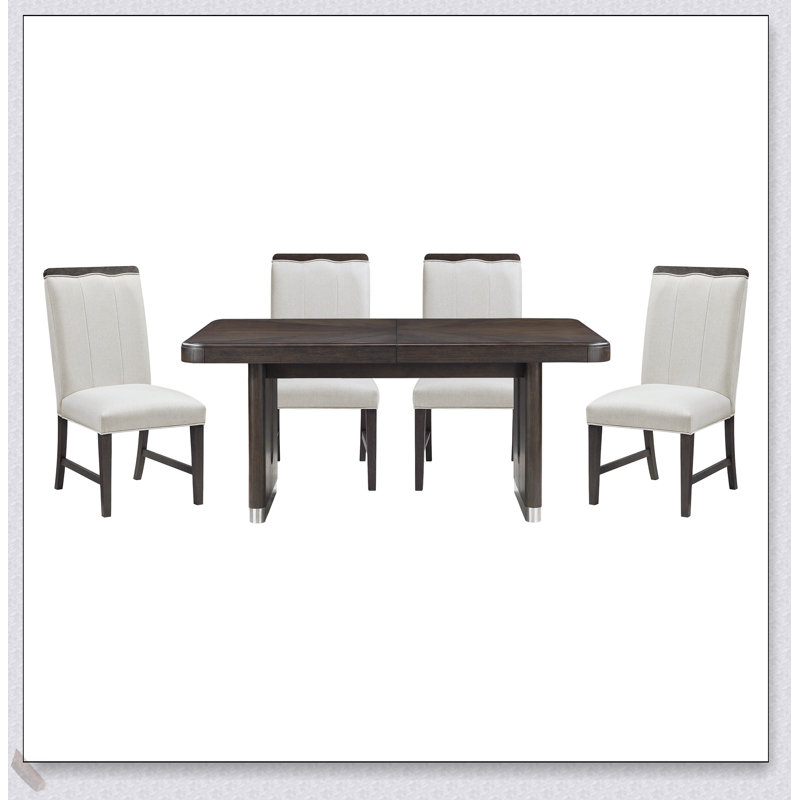 Ensemble de salle à manger moderne extensible avec 4 chaises rembourrées beiges et base de table d'appoint métallique durable pour plus de confort et de style